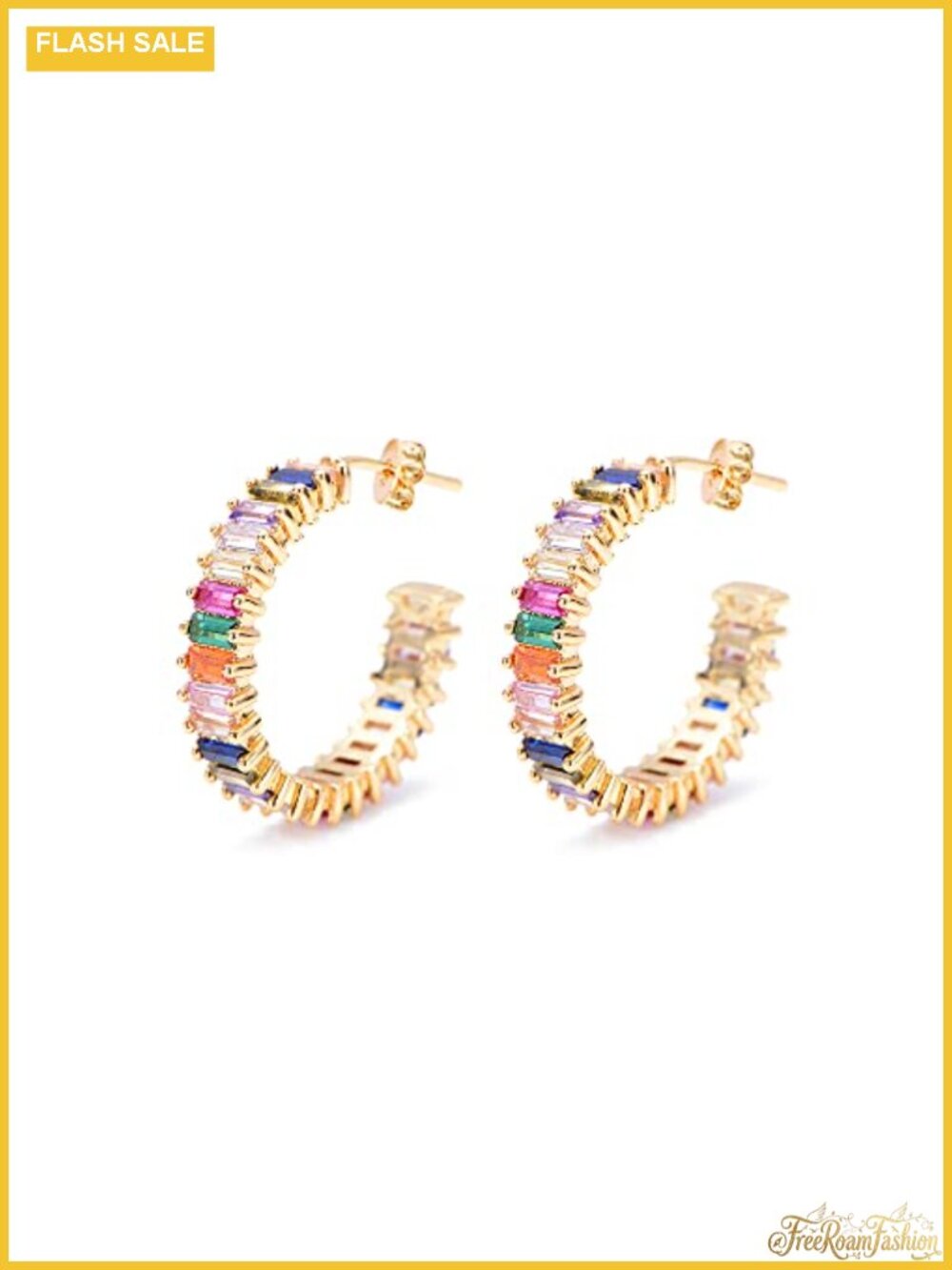 14K Gold Plated Cubic Zirconia Rainbow Round Hoop Stud Earrings Gift Box